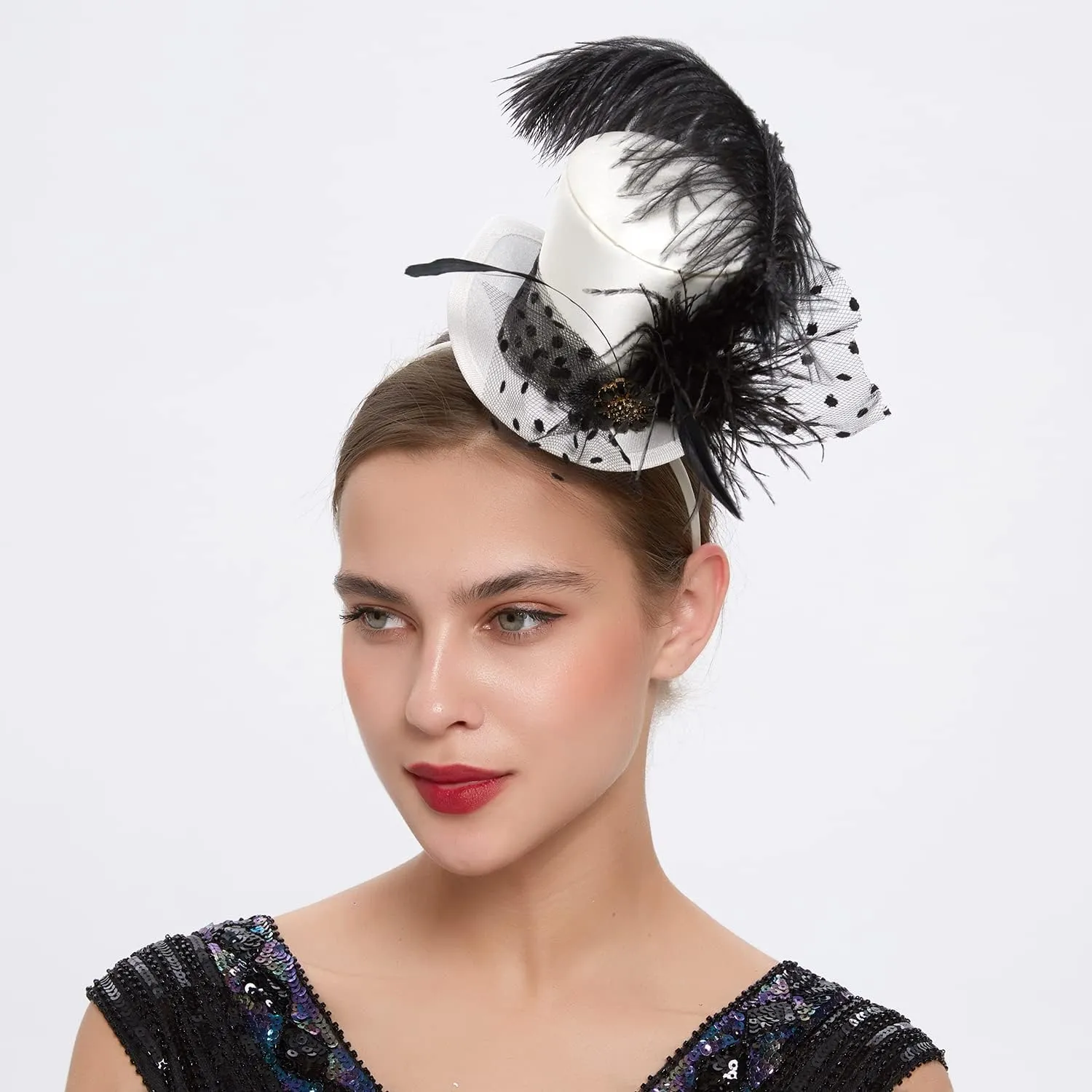Mini Top Hat Fantasy Fascinators Hats for Women,Derby Tea Party Ostrich Feather Top Hat for Girls Party Decoration
