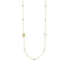 MIRACULOUS AND CROSS - NECKLACE PEARL AND CRYSTAL - VERMEIL SILVER