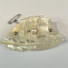 Mother of Pearl Vintage Carved Sailing Ship Brooch