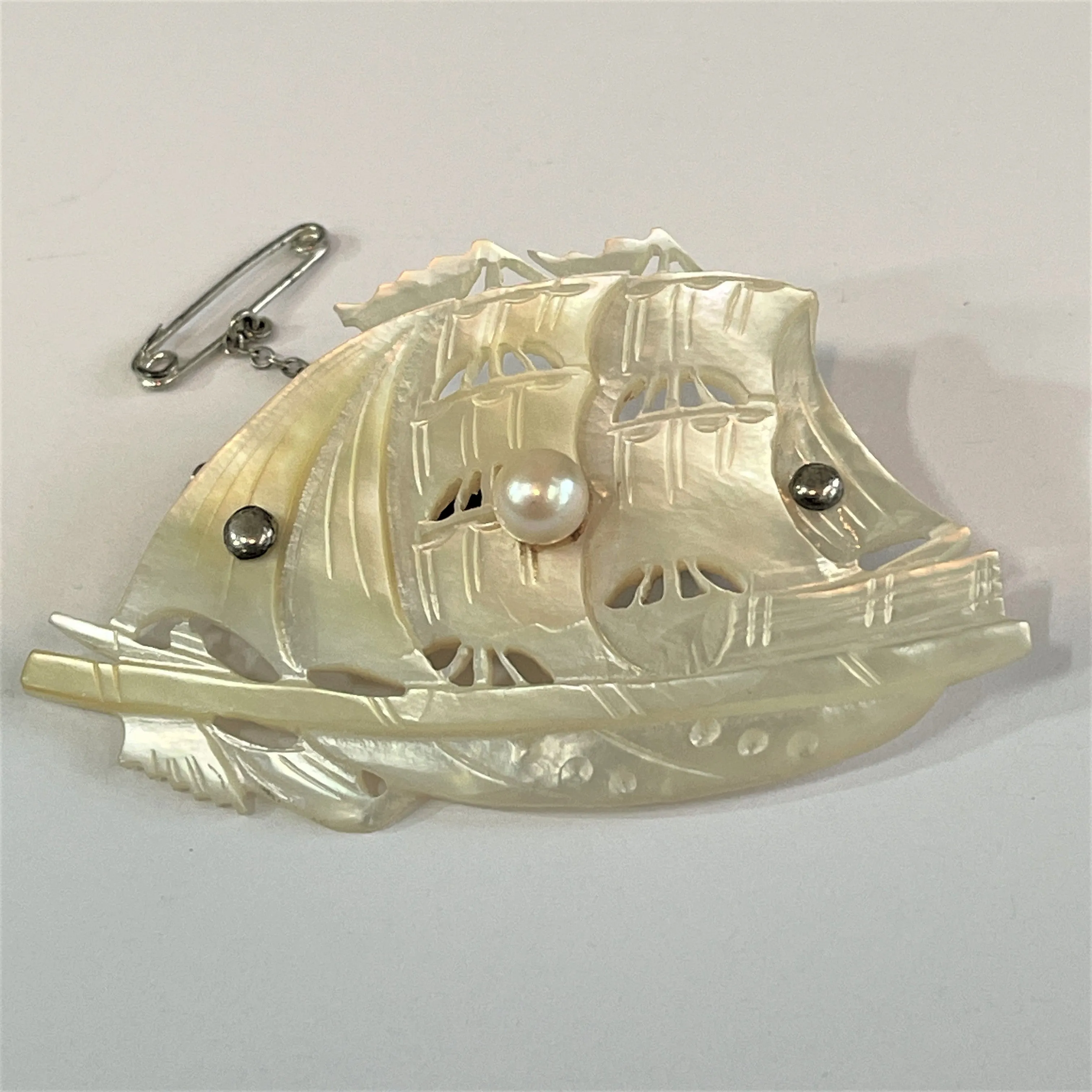 Mother of Pearl Vintage Carved Sailing Ship Brooch