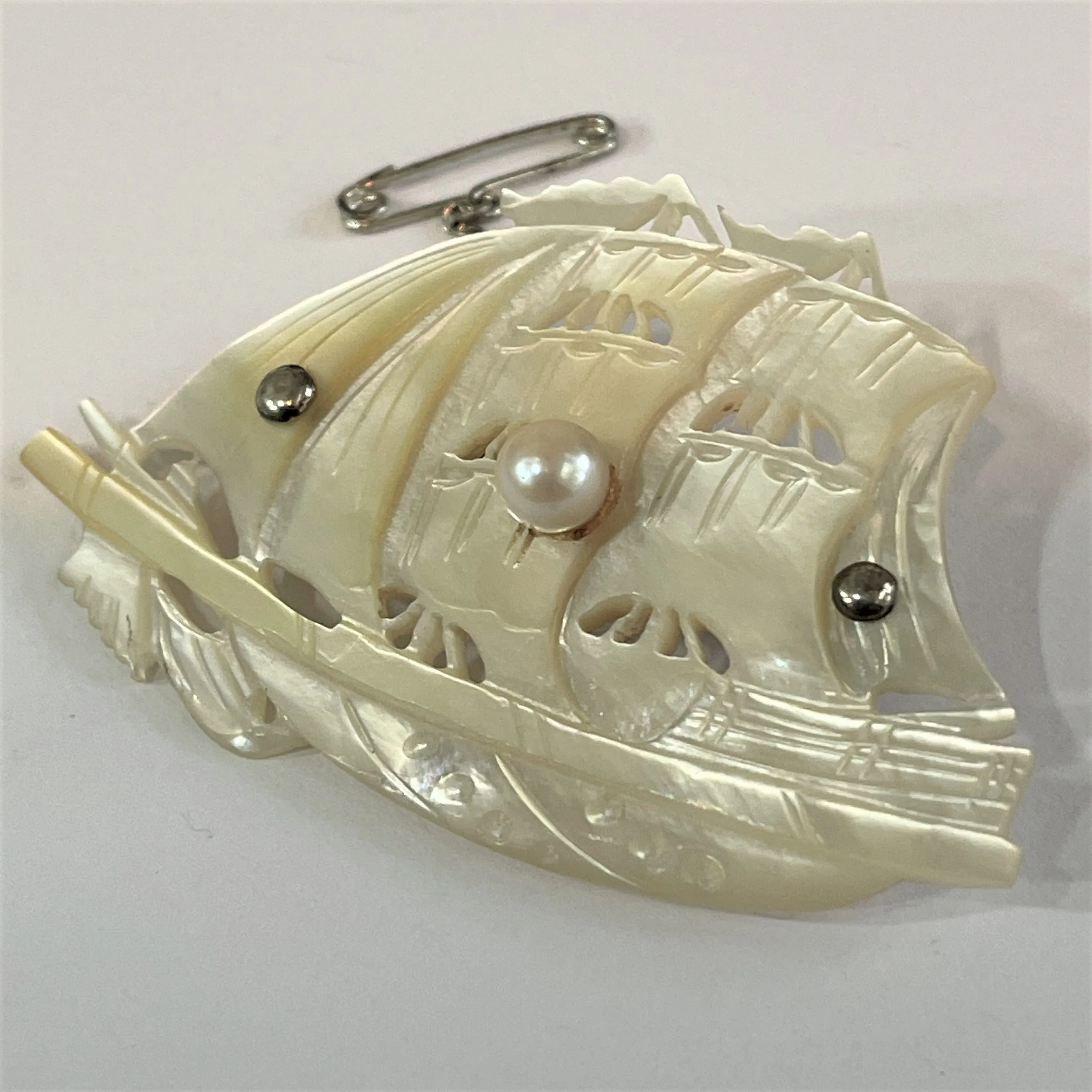 Mother of Pearl Vintage Carved Sailing Ship Brooch