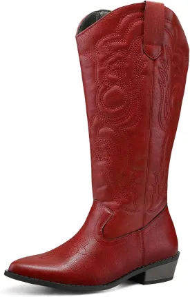 mysoft Women's Wide Calf Cowboy Boots Pull on Cowgirl Embroidered Mid Calf Pointed Toe Chunky Heel Western Boots