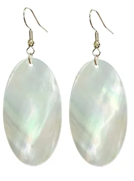 Natural White Sea Shell Earrings, Mother of Pearl Oval Earrings, Beach Jewelry, Silver Drop Dangle Earrings Women Girl Gift (White Seashell)