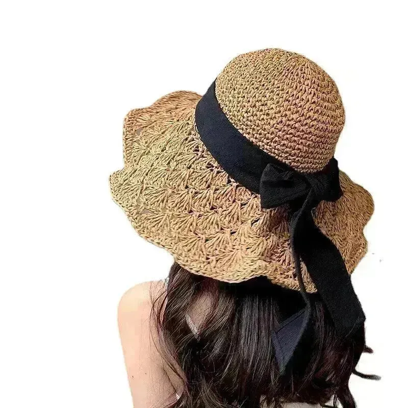 New Straw Hat Women's Summer Lace-up Beach Foldable Vacation Summer Hat