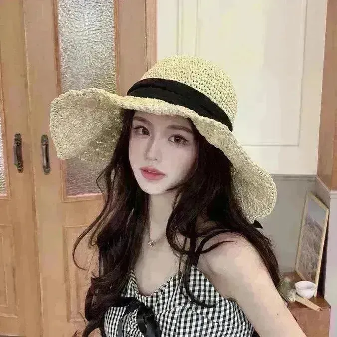 New Straw Hat Women's Summer Lace-up Beach Foldable Vacation Summer Hat