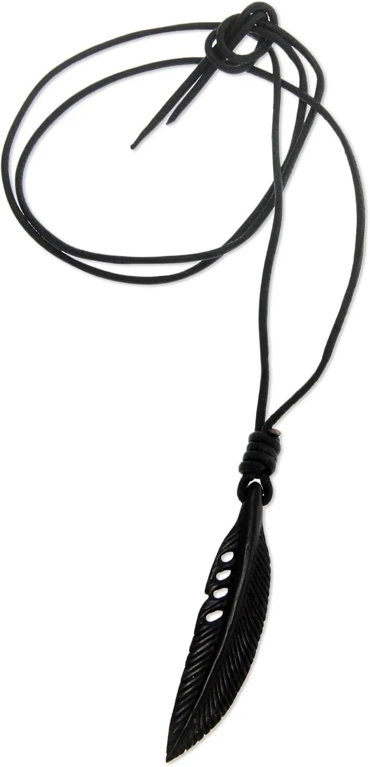 NOVICA Artisan Handmade Mens Leather Pendant Necklace Carved Horn on Cords Indonesia Animal Themed Bird [Cord 18 in min L x 23.5 in max L x 0.1 in W Pendant(s) 2.4 in L x 0.5 in W x 0.2 in]