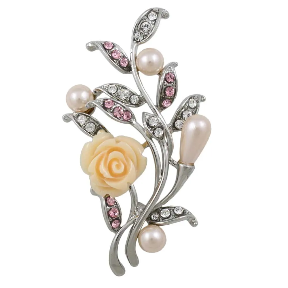 Peach Rose with Light Pink Pearl Buds Brooch Pin - PRP023