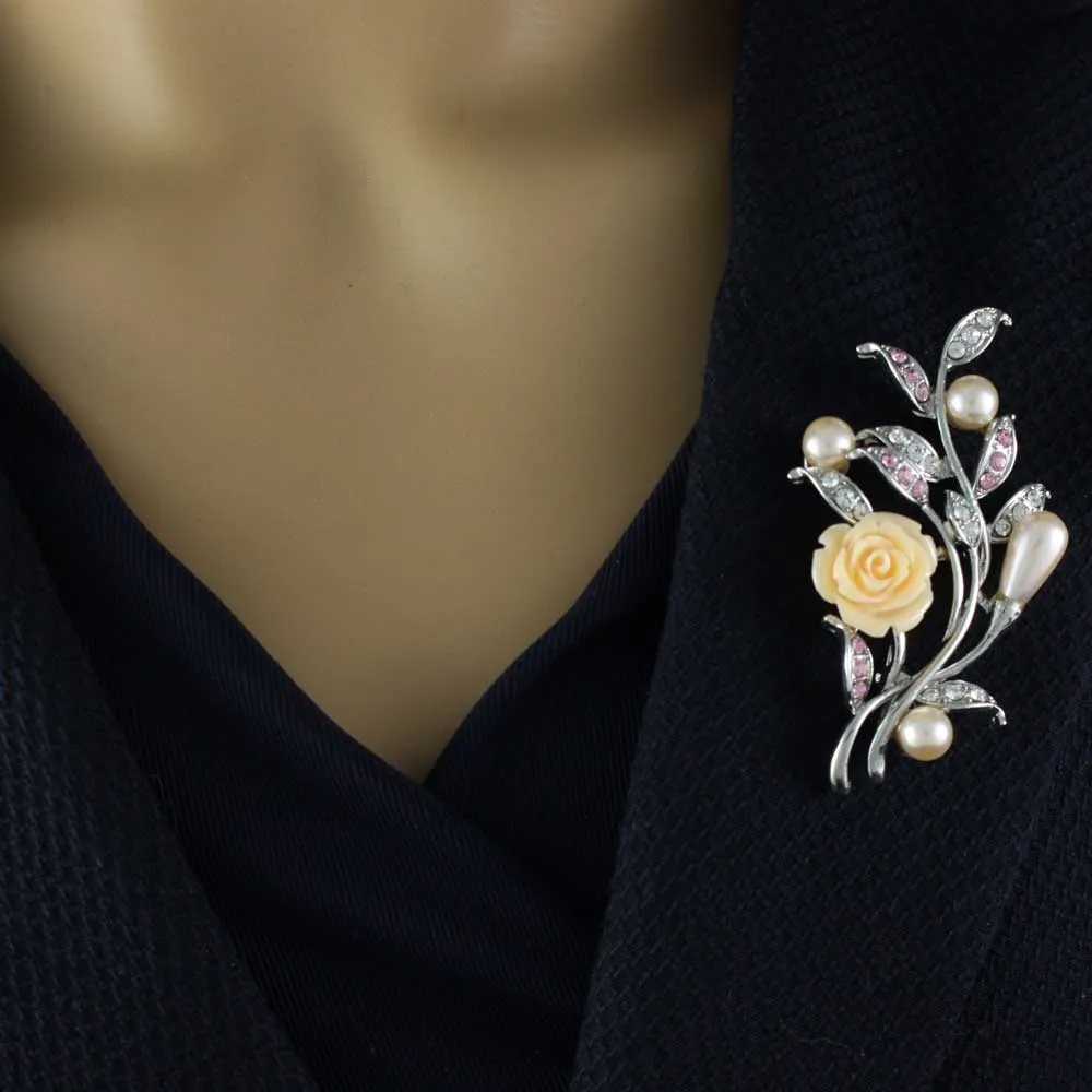 Peach Rose with Light Pink Pearl Buds Brooch Pin - PRP023