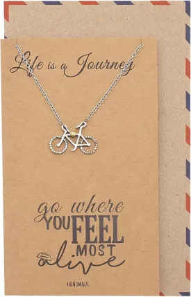 quan jewelry Journey Necklace with Bicycle Pendant for Women, Best Travel Bike Chain Accessories, Traveling Gifts for Men and Women, comes with Inspirational Quote