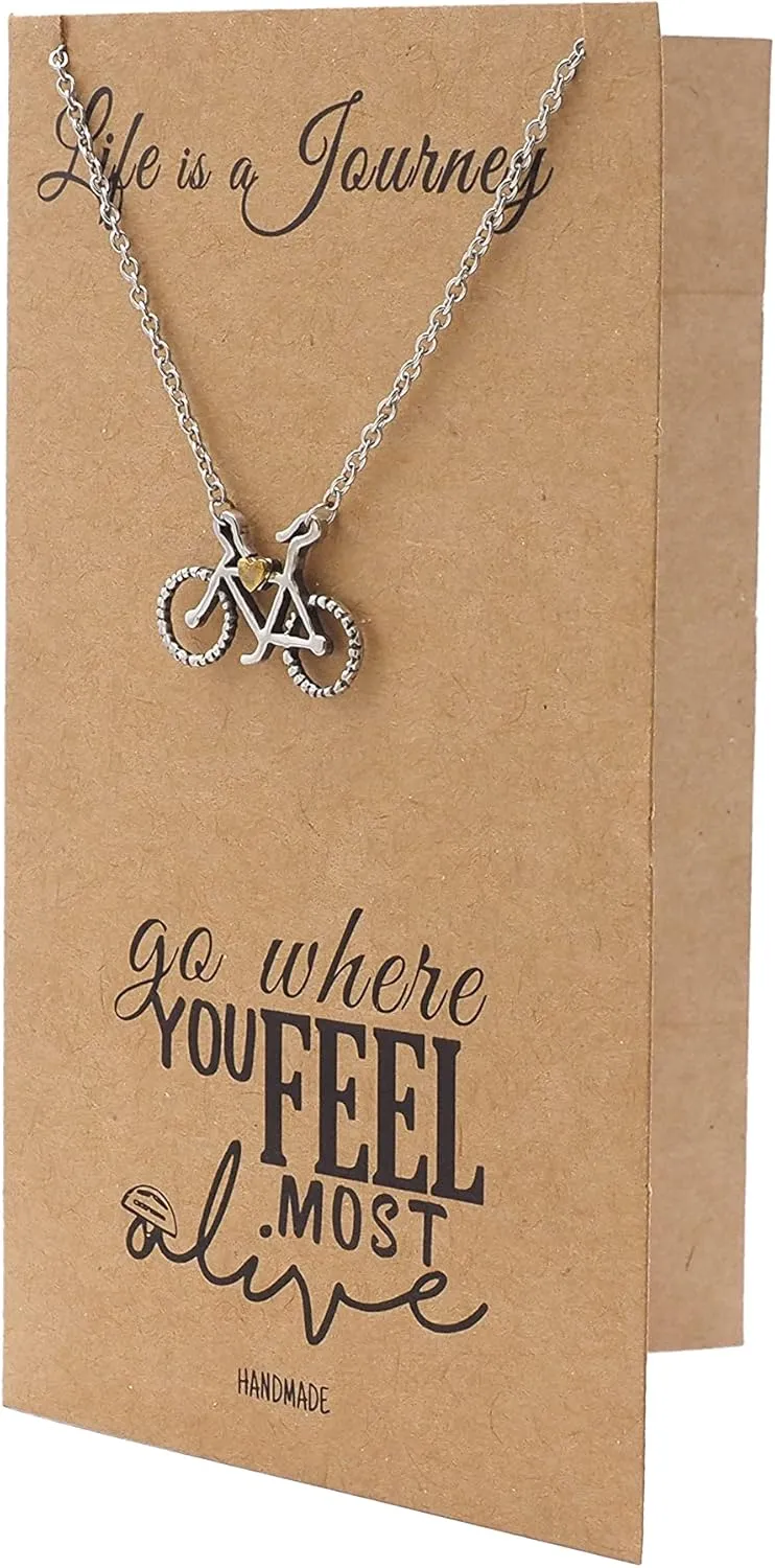 quan jewelry Journey Necklace with Bicycle Pendant for Women, Best Travel Bike Chain Accessories, Traveling Gifts for Men and Women, comes with Inspirational Quote