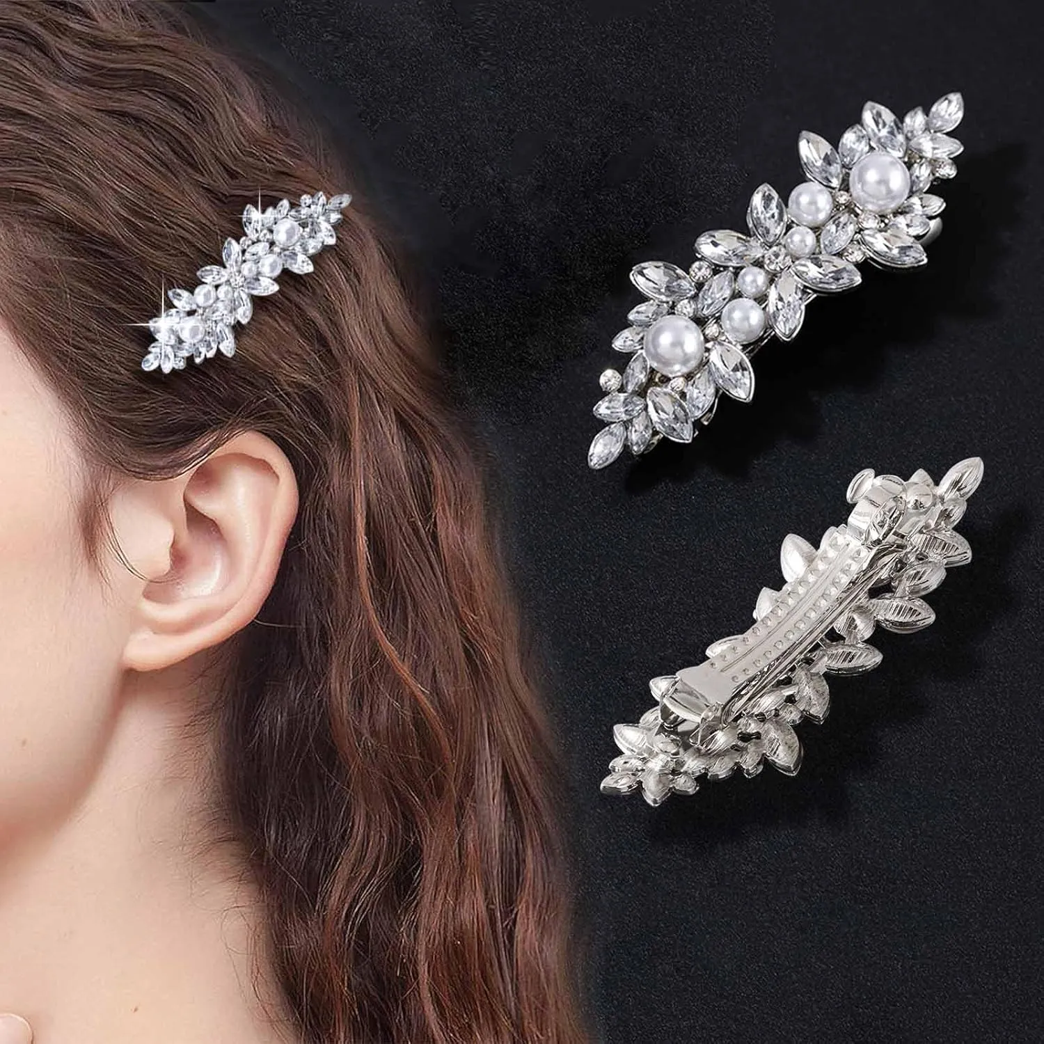 Rhinestone Pearl and Crystal Hair Barrette, Vintage Silver Bridal Hair Accessory for Women and Girls - Wedding Headdress