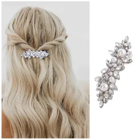 Rhinestone Pearl and Crystal Hair Barrette, Vintage Silver Bridal Hair Accessory for Women and Girls - Wedding Headdress