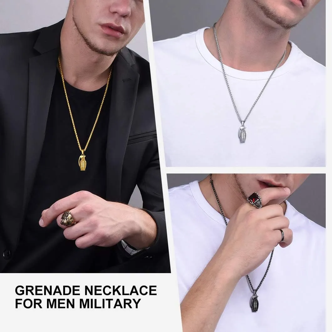 Richsteel Grenade/Gun/Bullet/Anti-Terrorism Headgear Pendant Necklace for Men Stainless Steel/18K Gold/Black Plated Military Style Punk Jewelry(Gift Wrapped)