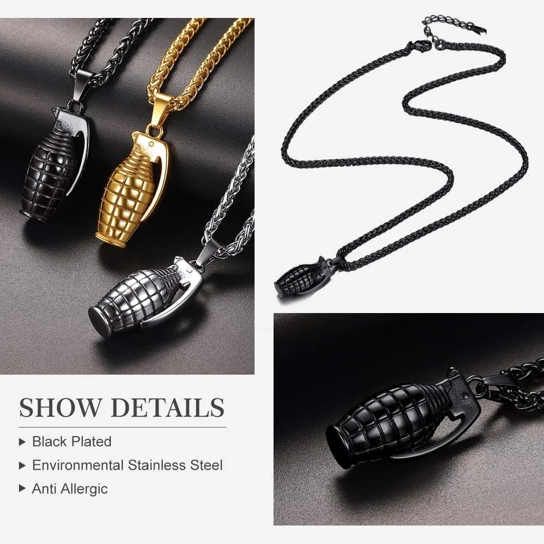 Richsteel Grenade/Gun/Bullet/Anti-Terrorism Headgear Pendant Necklace for Men Stainless Steel/18K Gold/Black Plated Military Style Punk Jewelry(Gift Wrapped)