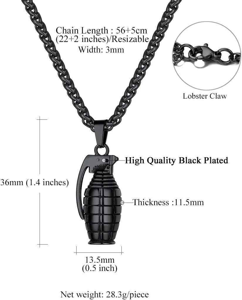 Richsteel Grenade/Gun/Bullet/Anti-Terrorism Headgear Pendant Necklace for Men Stainless Steel/18K Gold/Black Plated Military Style Punk Jewelry(Gift Wrapped)