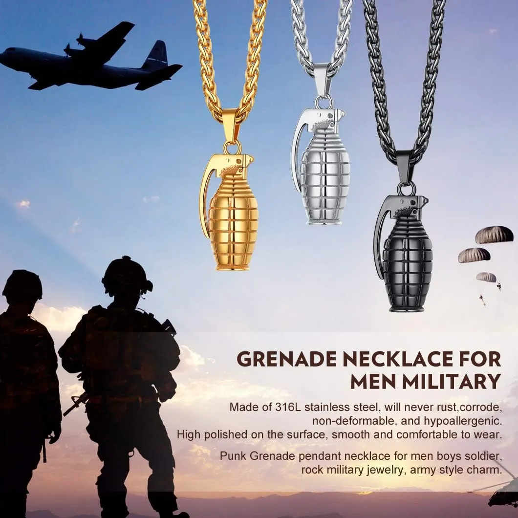 Richsteel Grenade/Gun/Bullet/Anti-Terrorism Headgear Pendant Necklace for Men Stainless Steel/18K Gold/Black Plated Military Style Punk Jewelry(Gift Wrapped)