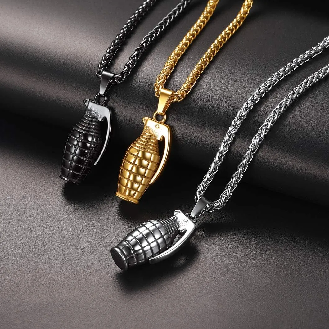 Richsteel Grenade/Gun/Bullet/Anti-Terrorism Headgear Pendant Necklace for Men Stainless Steel/18K Gold/Black Plated Military Style Punk Jewelry(Gift Wrapped)