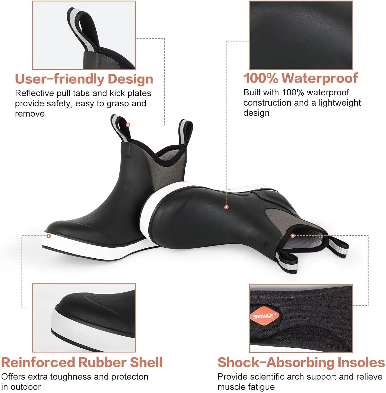 Showave Men??s Deck Boots Waterproof Ankle Saltwater Rain Boot Fishing Rubber Boots Slip On Neoprene Boat Booties Work Sailing Boot For Men