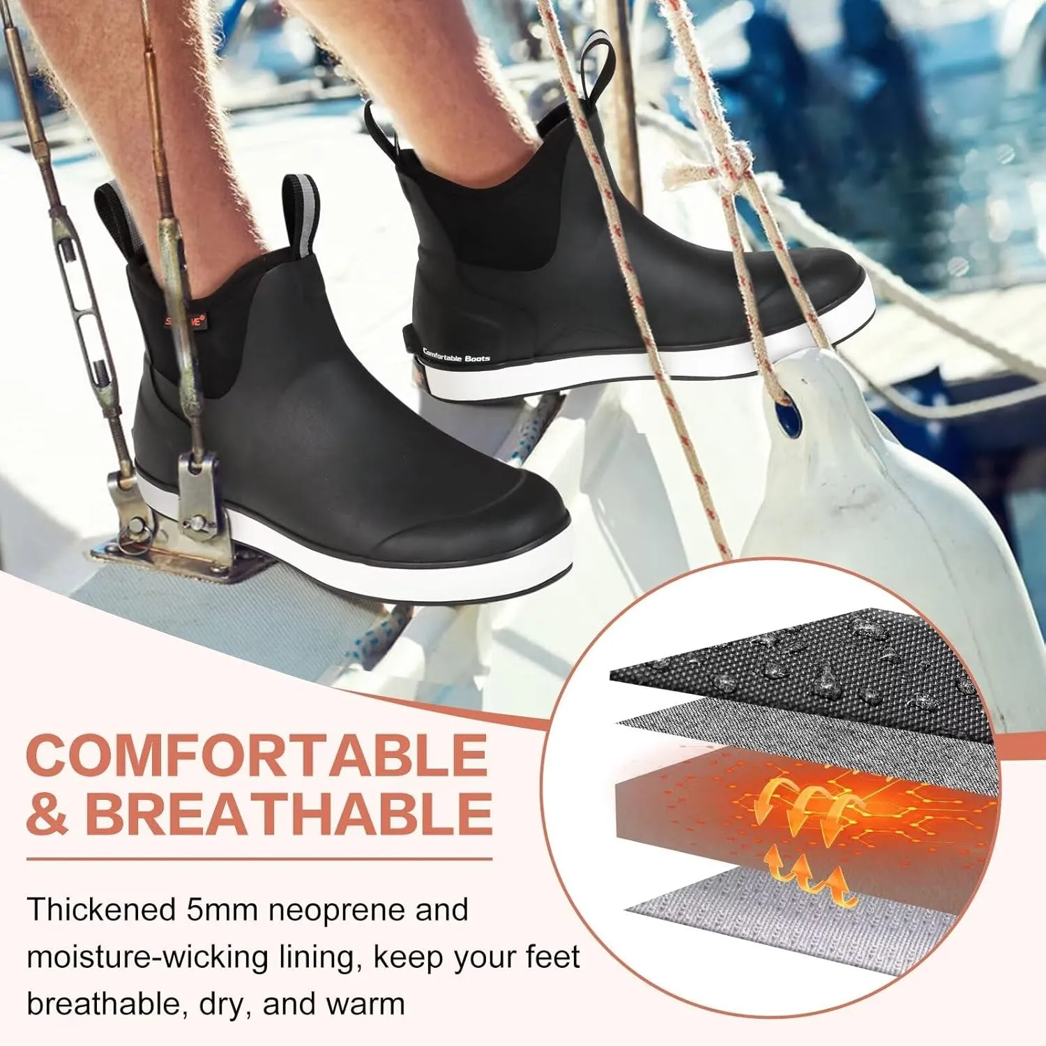 Showave Men??s Deck Boots Waterproof Ankle Saltwater Rain Boot Fishing Rubber Boots Slip On Neoprene Boat Booties Work Sailing Boot For Men