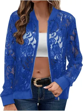 Sinzelimin Womens Lace Flroal Jacket Fashion Zipper Hollow Casual Outwear & Jackets Lightweight Cardigan Clubwear Blouse Tops