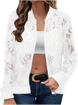 Sinzelimin Womens Lace Flroal Jacket Fashion Zipper Hollow Casual Outwear & Jackets Lightweight Cardigan Clubwear Blouse Tops
