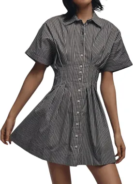 Summer Button Down Pleated Shirt Dress for Women Striped Print V Neck Short Sleeve Mini Dress Casual Corset Dresses