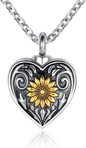Sunflower Heart Urn Necklace for Ashes Mom Grandma Dad Women Men Cremation Memorial Keepsake Pendant with Stainless Steel Chain Funnel