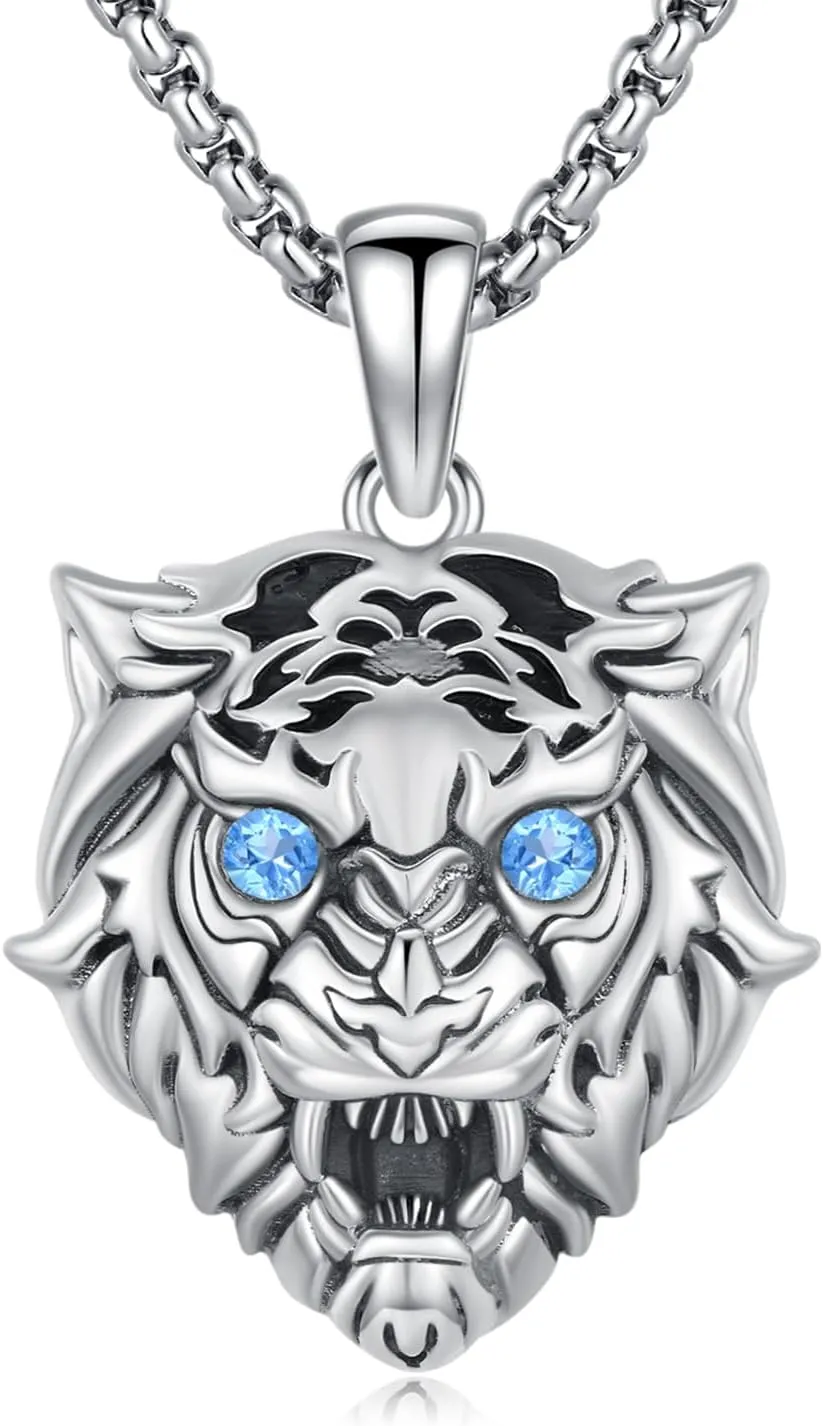 Tiger Head Necklace 925 Sterling Silver Cubic Zirconia Tiger Pendant Necklaces Vintage Animal Jewelry for Men With 22 2 In Chain