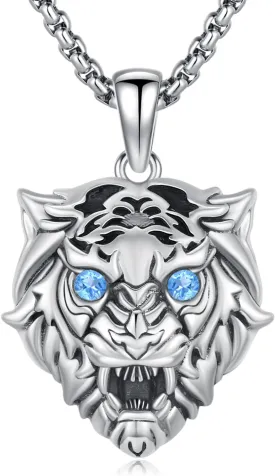 Tiger Head Necklace 925 Sterling Silver Cubic Zirconia Tiger Pendant Necklaces Vintage Animal Jewelry for Men With 22 2 In Chain