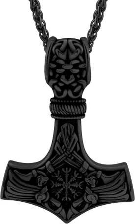 Viking Thor's Hammer Necklace for Men, 18K Gold/Black/Stainless Steel Mjolnir Amulet Pendant Norse Pagan Compass Nordic Viking Jewelry, with Gift Box
