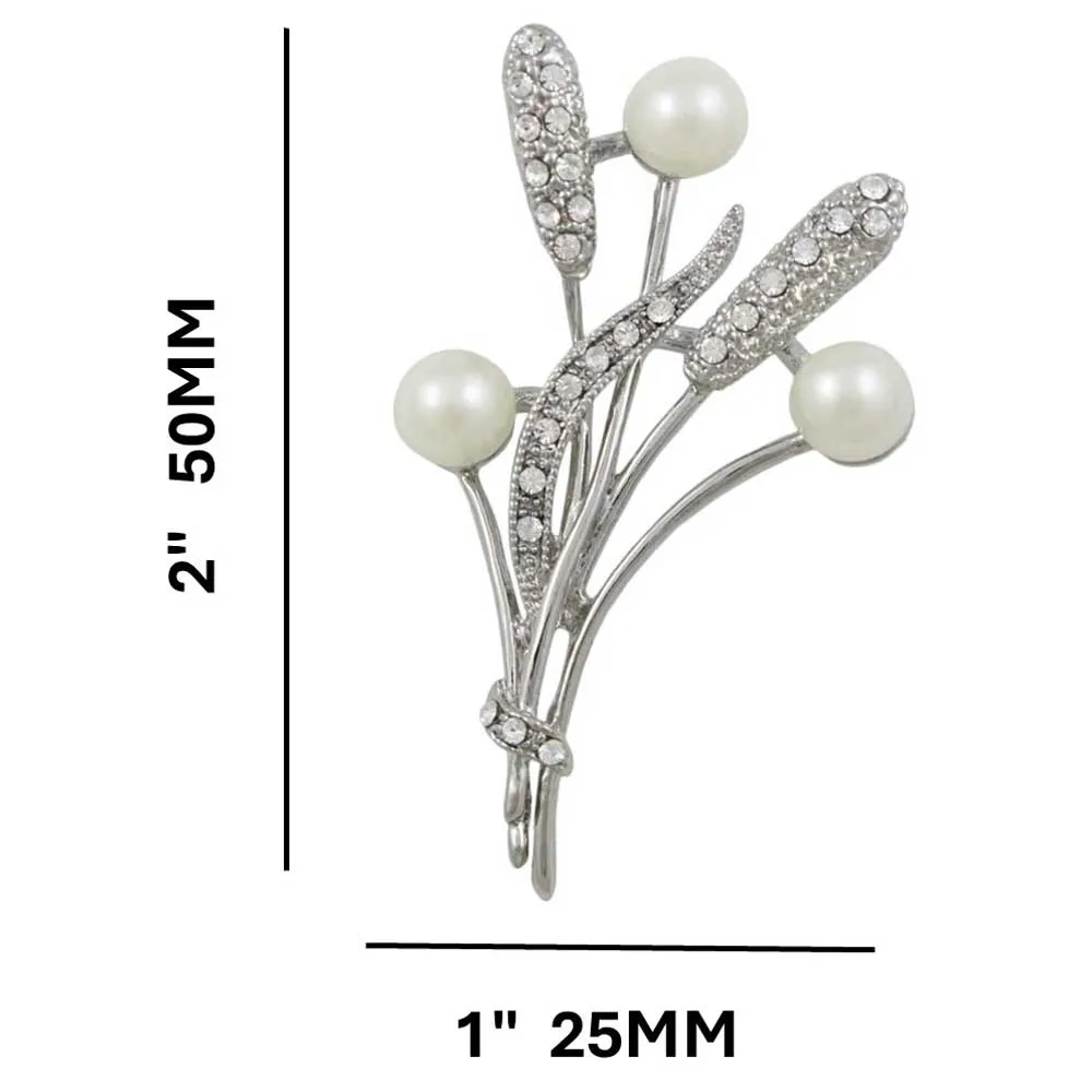 White Pearl Buds with Crystal Cattails and Leaves Brooch Pin - PRP312