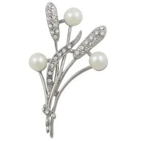 White Pearl Buds with Crystal Cattails and Leaves Brooch Pin - PRP312
