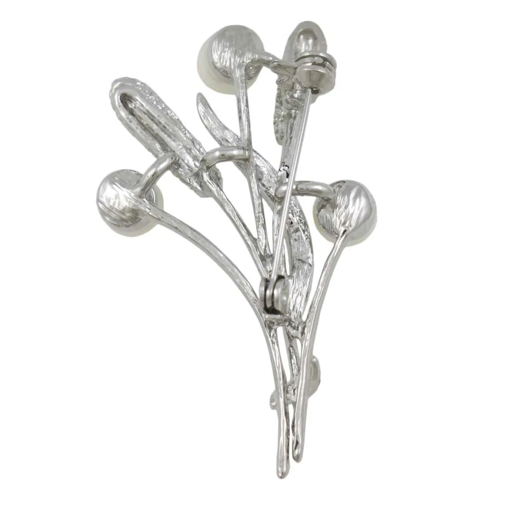 White Pearl Buds with Crystal Cattails and Leaves Brooch Pin - PRP312