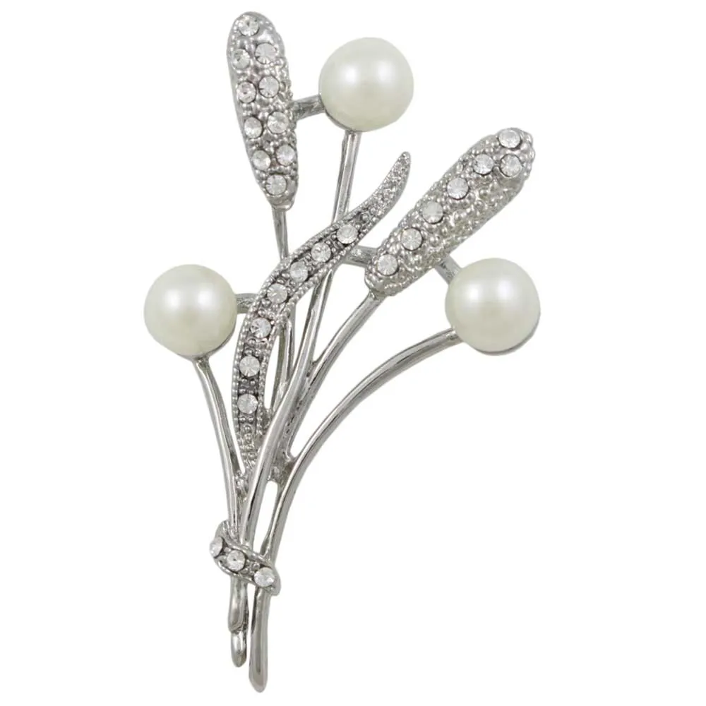 White Pearl Buds with Crystal Cattails and Leaves Brooch Pin - PRP312