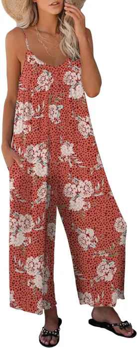 Women Casual Jumpsuits Summer Sleeveless Loose Jumpsuit Shoulder Strap Adjustable Long Pants Rompers with Pockets
