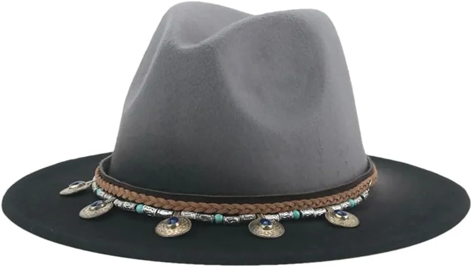 Women Fedoras Hats Mens Casual Gradient Color Cap Band Patchwork Panama Wide Brim Hat Black 56-58cm