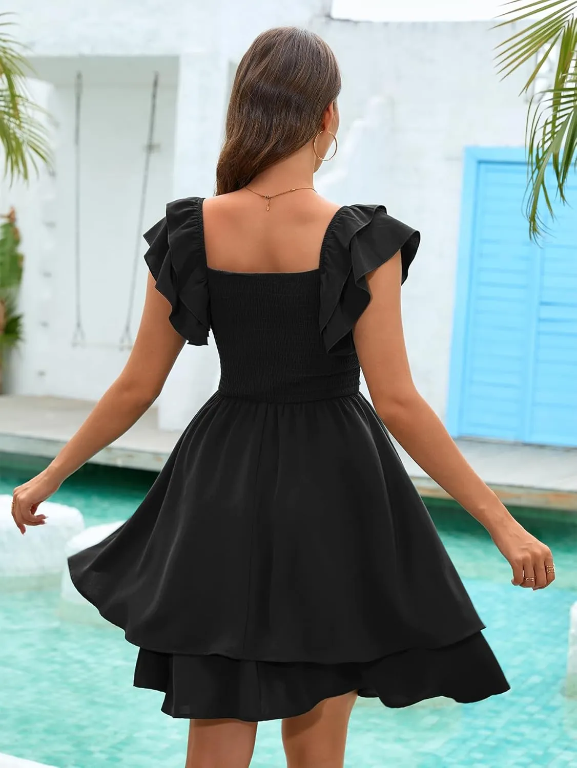 Women's Summer Dress Casual Wrap V Neck Flutter Sleeve Double Layer Ruffle Wedding Guest Short Mini Dresses