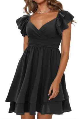 Women's Summer Dress Casual Wrap V Neck Flutter Sleeve Double Layer Ruffle Wedding Guest Short Mini Dresses